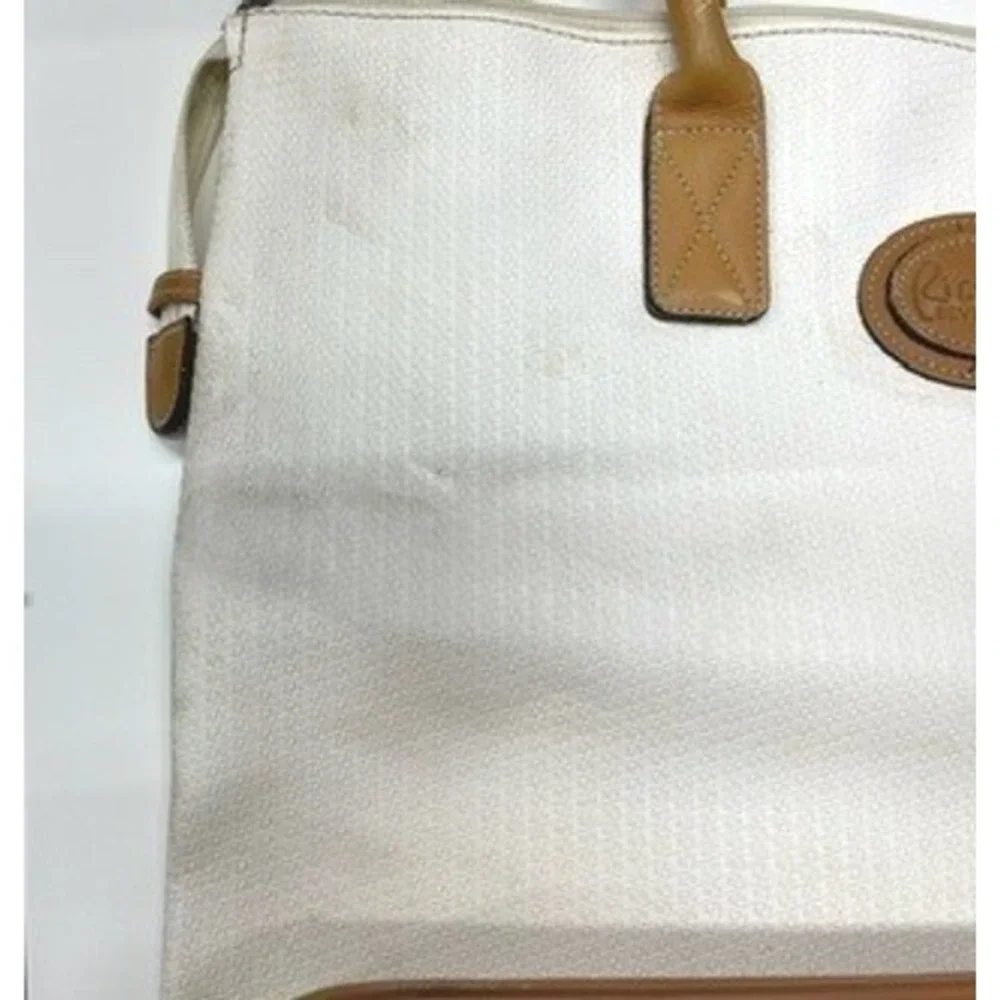 Ricardo Beverly Hills Vintage Tote Bag White Tan‎ Leather Trim Large Travel Zip